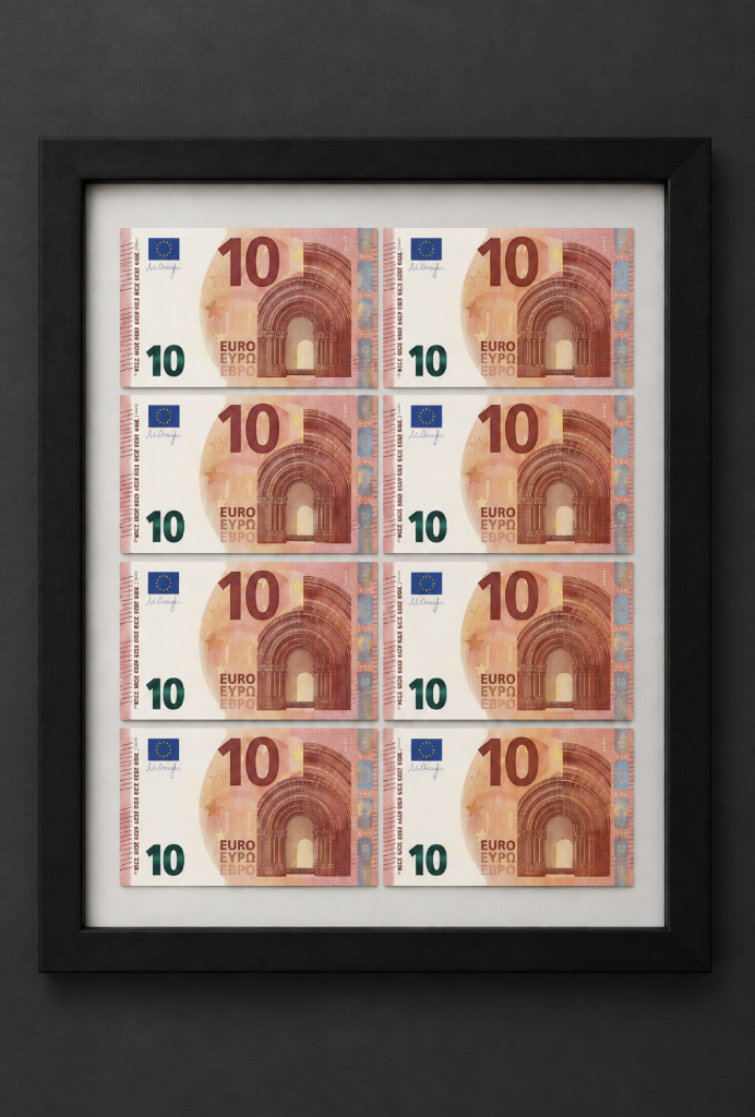 Gerahmtes Bild mit acht 10-Euro-Scheinen.